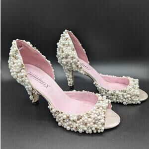 Wedding Kitten Heels Womens 10 W Pumps White Beaded Open toe Shoes One of a kind